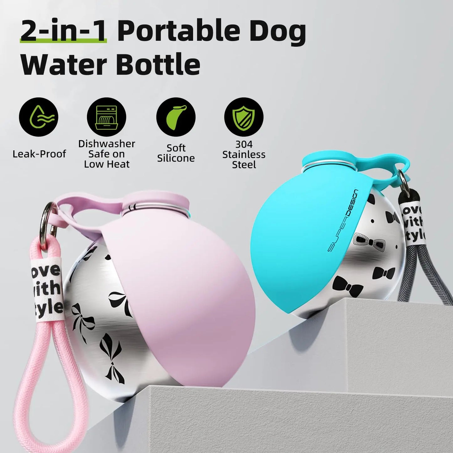 2-in-1 Portable Dog Water Bottle – Leak-Proof Travel Bottle with Stainless Steel Bowl