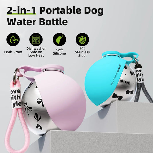 2-in-1 Portable Dog Water Bottle – Leak-Proof Travel Bottle with Stainless Steel Bowl