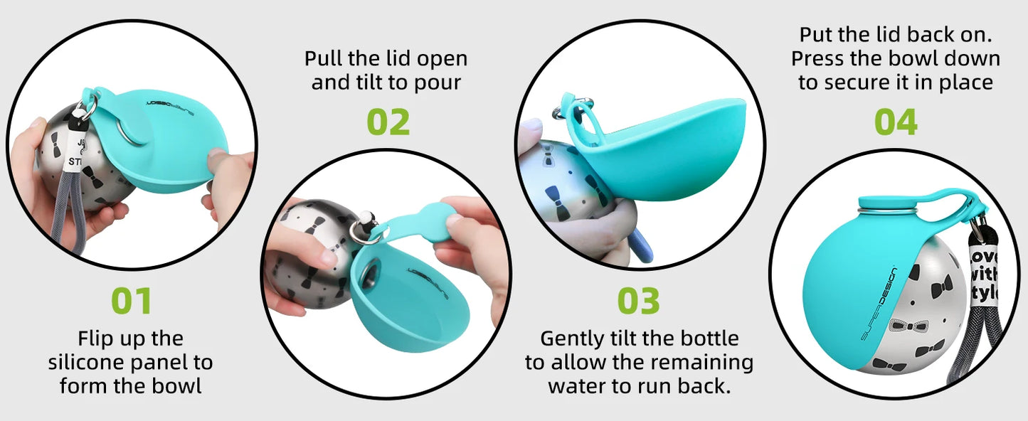 2-in-1 Portable Dog Water Bottle – Leak-Proof Travel Bottle with Stainless Steel Bowl