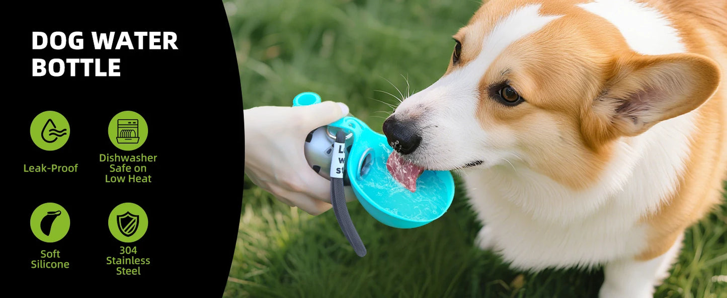2-in-1 Portable Dog Water Bottle – Leak-Proof Travel Bottle with Stainless Steel Bowl