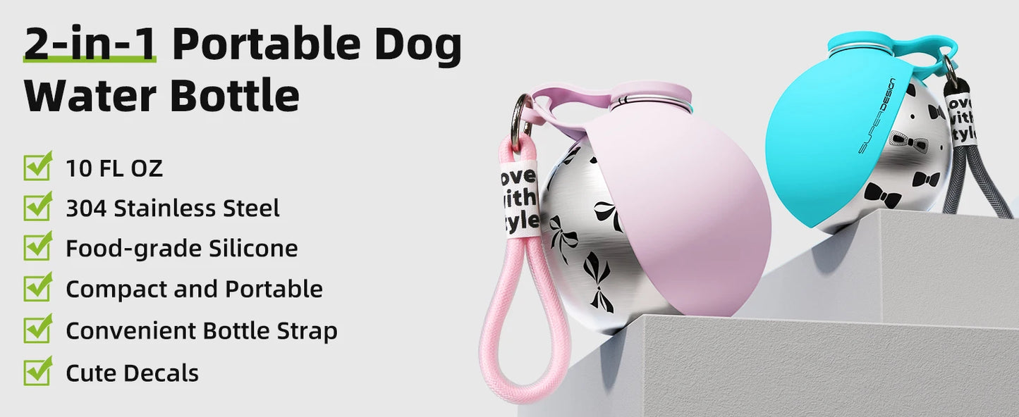 2-in-1 Portable Dog Water Bottle – Leak-Proof Travel Bottle with Stainless Steel Bowl